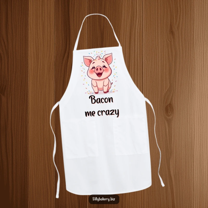 Funny pig apron showcasing a smiling cartoon pig joyfully tossing a huge cascade of colorful sprinkles, a celebration of baking joy.