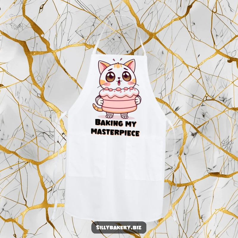 Funny Apron depicting a wide-eyed cat bot surprised by a giant, wobbling cake, perfect for kitchen humor.