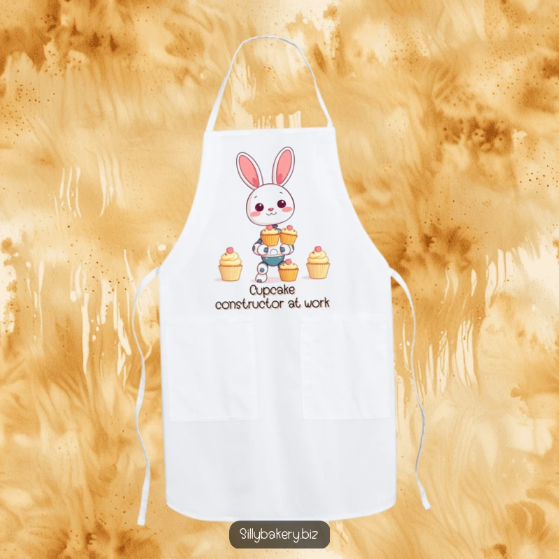 Funny bunny bot apron, designed for bakers, showing a giggling robot bunny hilariously balancing a tower of decorative cupcakes.