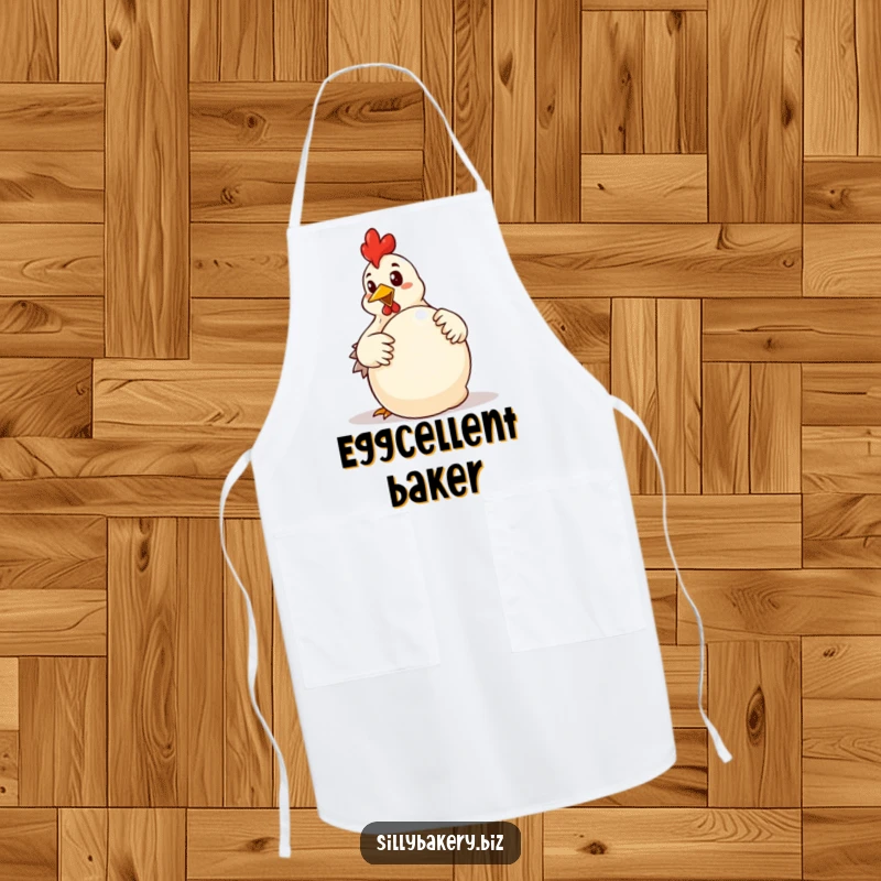 Funny chicken apron showcasing a determined cartoon chicken enthusiastically kneading a large ball of dough, a baker's intense effort.