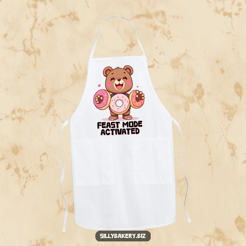 Funny Apron depicting a delighted bear bot juggling three oversized, colorful donuts, perfect for kitchen sweetness.