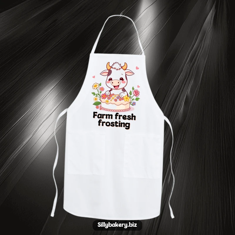 Funny cow apron showcasing a happy cartoon cow gleefully decorating a cake with edible flowers, a charming baking accessory.