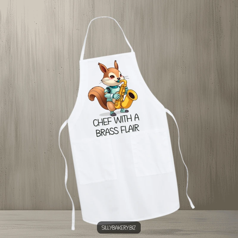 Funny squirrel bot apron, designed for the kitchen, showing a mischievous bot playing a comically large toy saxophone, adding musical humor.