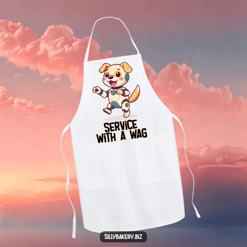 Funny dog bot apron, cheerfully performing an energetic jig while cooking, protecting your outfit with a dose of bot-themed humor.