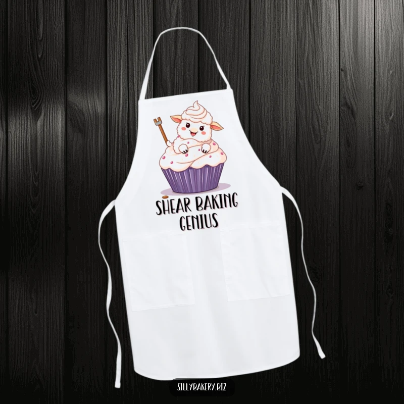 Funny sheep apron showcasing a fluffy cartoon sheep excitedly frosting a huge cupcake with its hoof, a delightful baking illustration.
