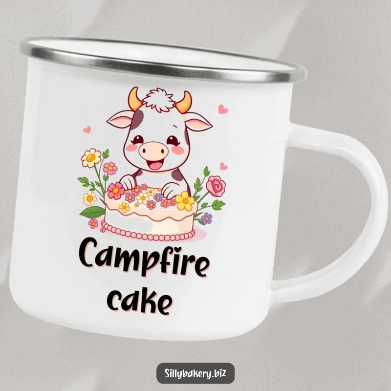 Funny cow camping mug featuring a happy cartoon cow gleefully decorating a cake with edible flowers, perfect for sweet outdoor moments.