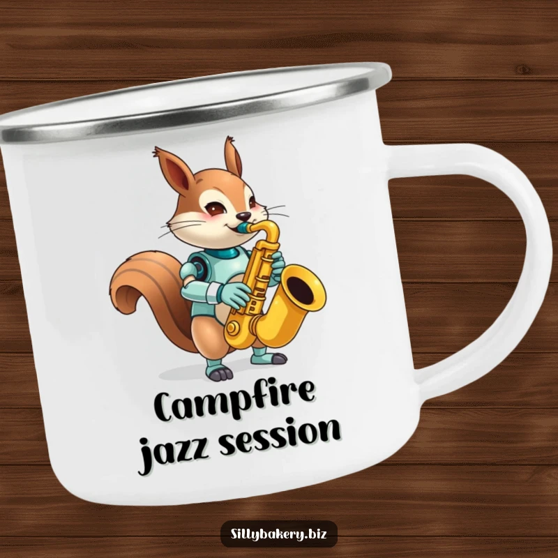 Funny squirrel bot camping mug, sturdy and adventurous, showing a mischievous bot playing a comically large toy saxophone, ready for outdoor jams.