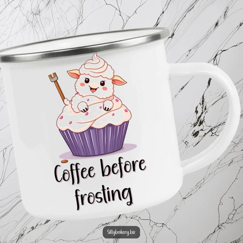 Funny sheep camping mug featuring a fluffy cartoon sheep excitedly frosting a giant cupcake with its hoof, perfect for outdoor baking fun.