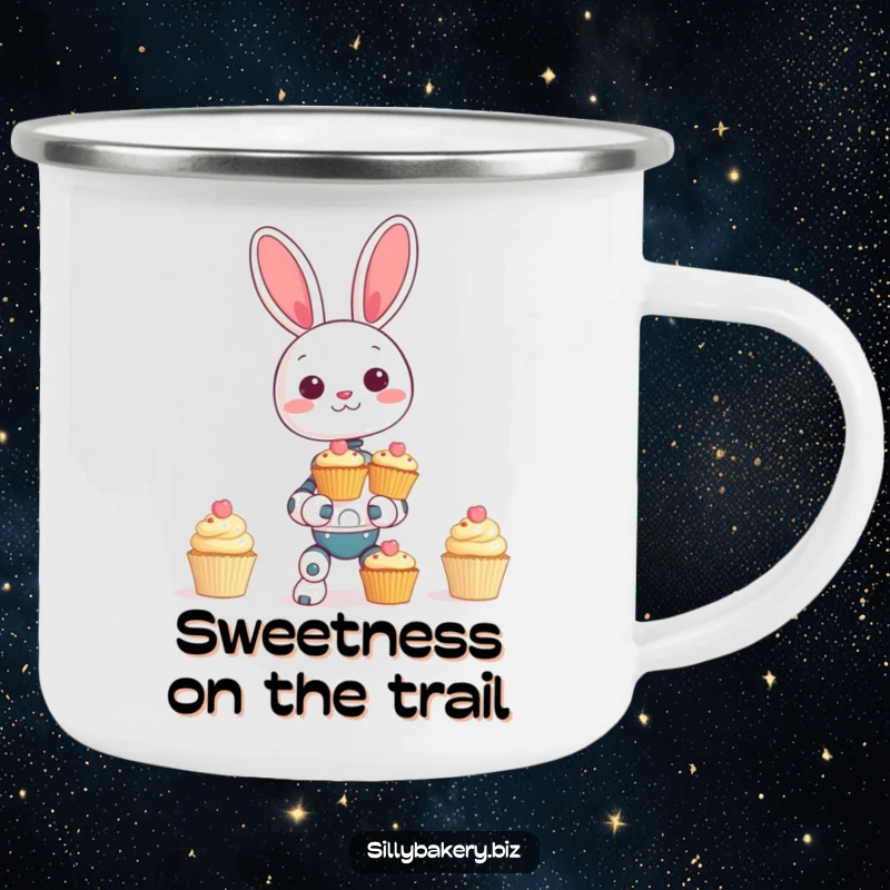 Funny bunny bot camping mug, ready for outdoor fun, showing a giggling robot bunny hilariously balancing a tower of cupcakes, sweet bot humor.