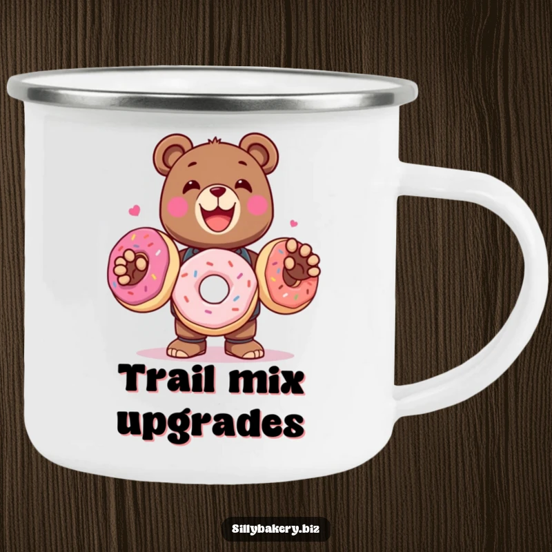 Funny Camping Mug showing a delighted bear bot juggling oversized donuts, great for outdoor sweetness.