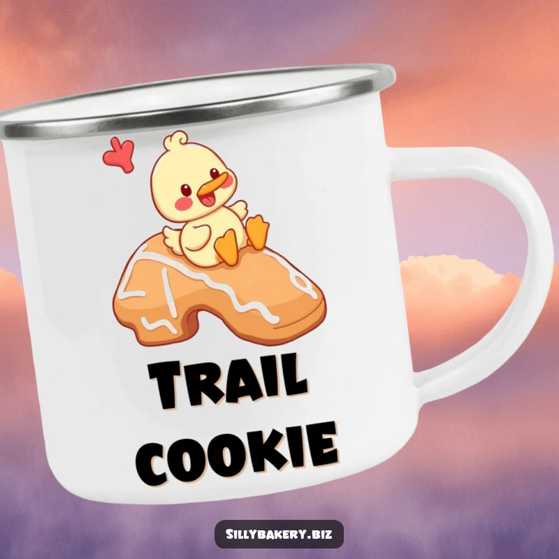 Funny duck camping mug featuring a cheerful cartoon duck playfully sliding down a giant gingerbread cookie, perfect for sweet outdoor moments.