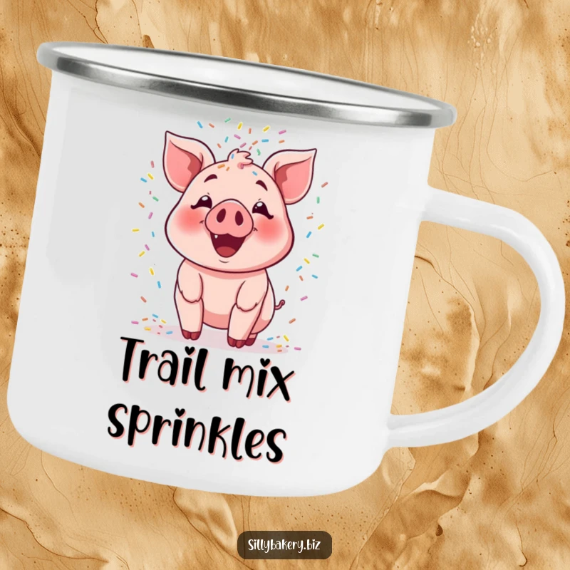 Funny pig camping mug featuring a smiling cartoon pig joyfully tossing a cascade of colorful sprinkles, perfect for sweet outdoor moments.