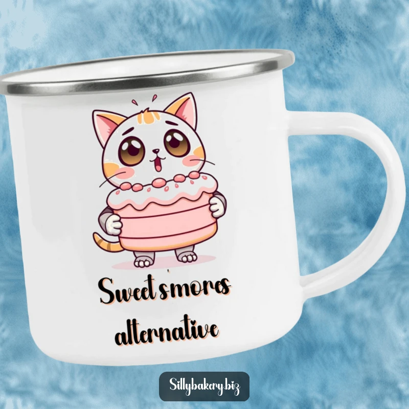Funny Camping Mug showing a surprised cat bot holding a large, unstable cake, great for outdoor amusement.
