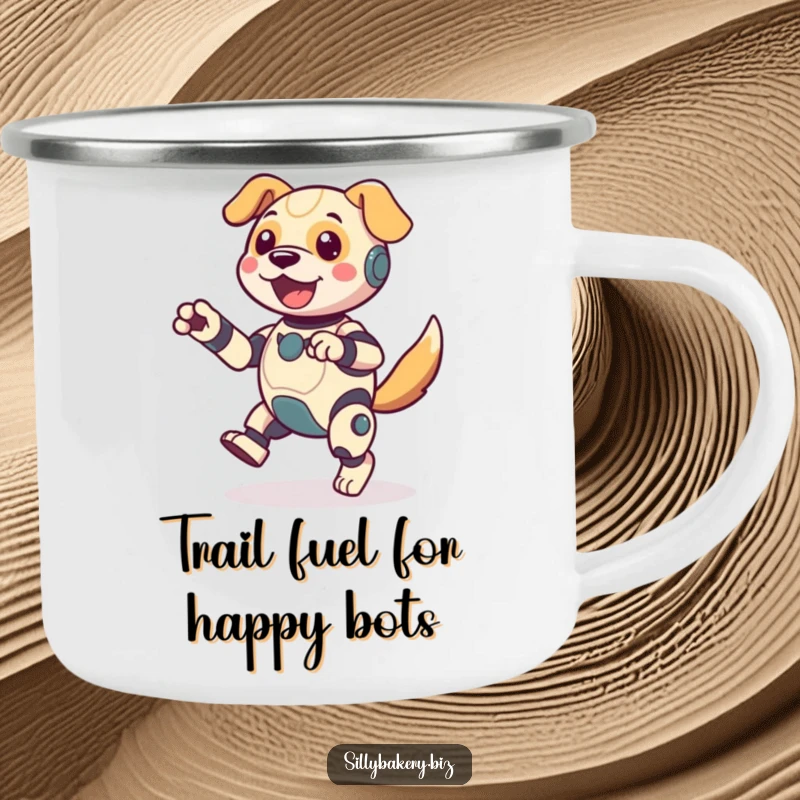 Funny dog bot camping mug, sturdy and ready for adventure, showing a jubilant bot doing an energetic jig, perfect for campfire laughs.
