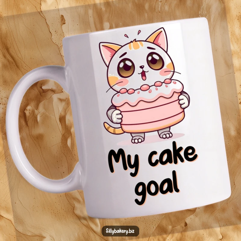 Funny Cat Bot Mug featuring a wide-eyed bot cat looking surprised while holding a giant, unstable cake, a comical kitchen accessory.