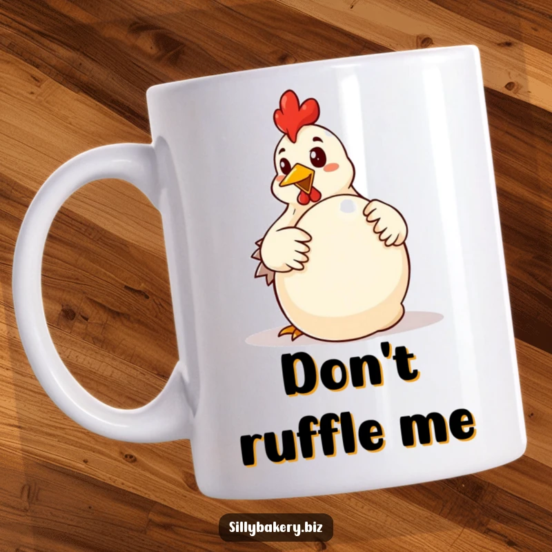 Funny chicken mug with a determined cartoon chicken enthusiastically kneading a large ball of dough, focused on baking.