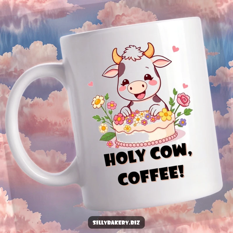 Funny cow mug with a happy cartoon cow gleefully decorating a cake with edible flowers, spreading floral sweetness.