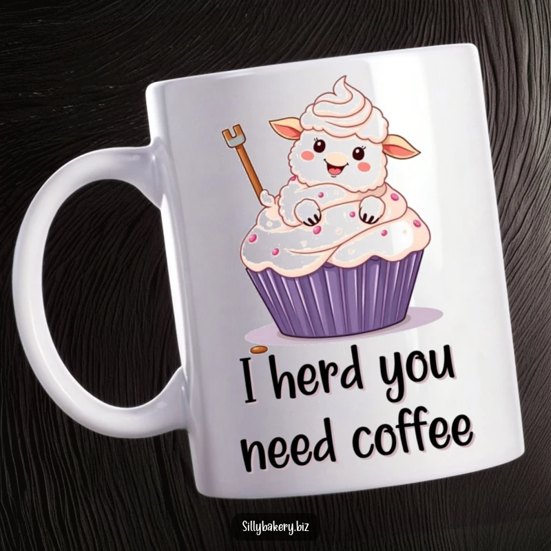Funny sheep mug with a fluffy cartoon sheep gleefully frosting a giant cupcake with its hoof, spreading messy joy.