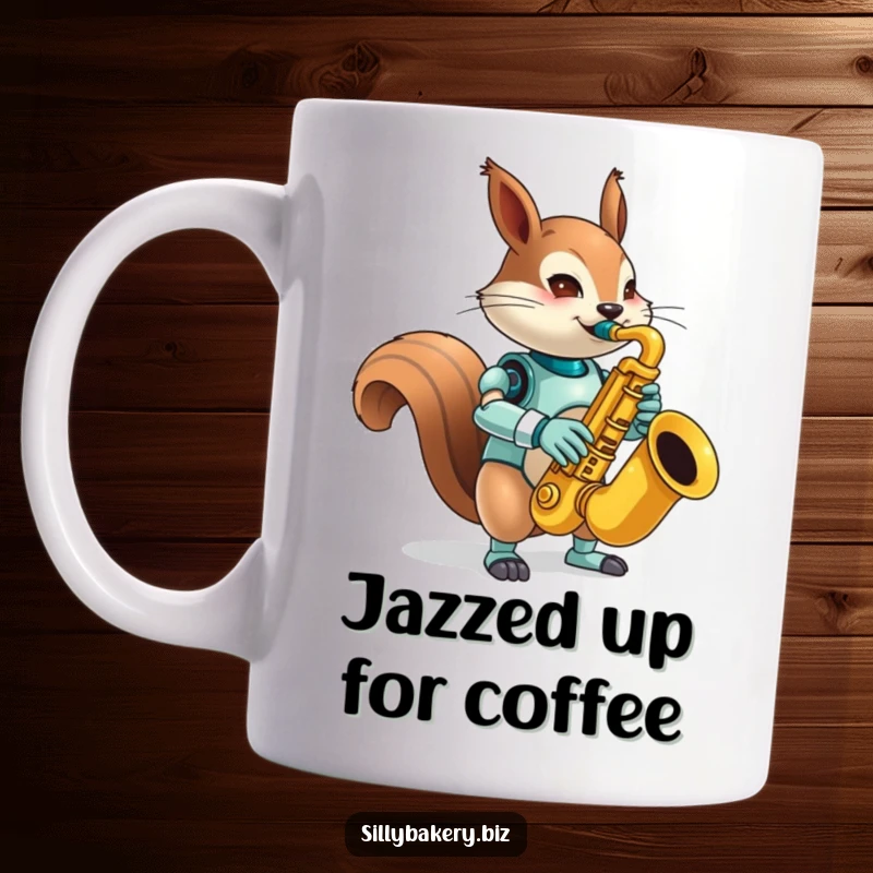 Funny squirrel bot mug, mischievously playing a comically oversized toy saxophone with gusto, radiating nutty musical energy and playful chaos.