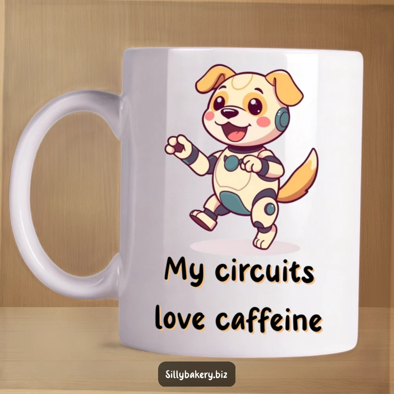 Funny dog bot mug, joyfully performing an energetic jig with its tail wagging wildly, showcasing pure bot happiness and playful abandon.