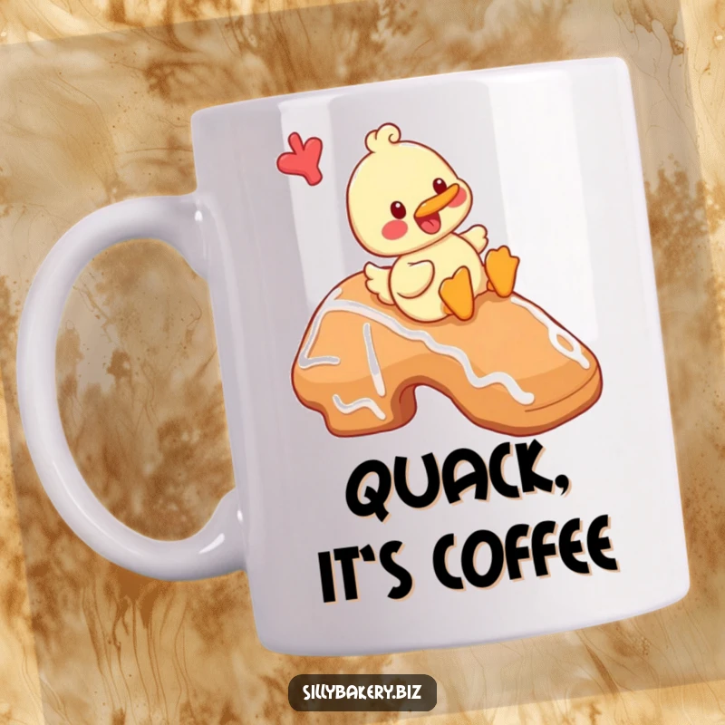 Funny duck mug with a cheerful cartoon duck playfully sliding down a giant gingerbread cookie, embodying sweet fun.