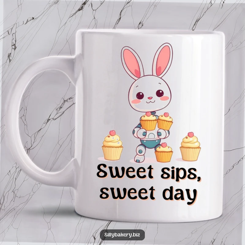 Funny bunny bot mug, giggling while attempting to balance a tall tower of tiny decorative cupcakes, showcasing sweet bot chaos and humor.