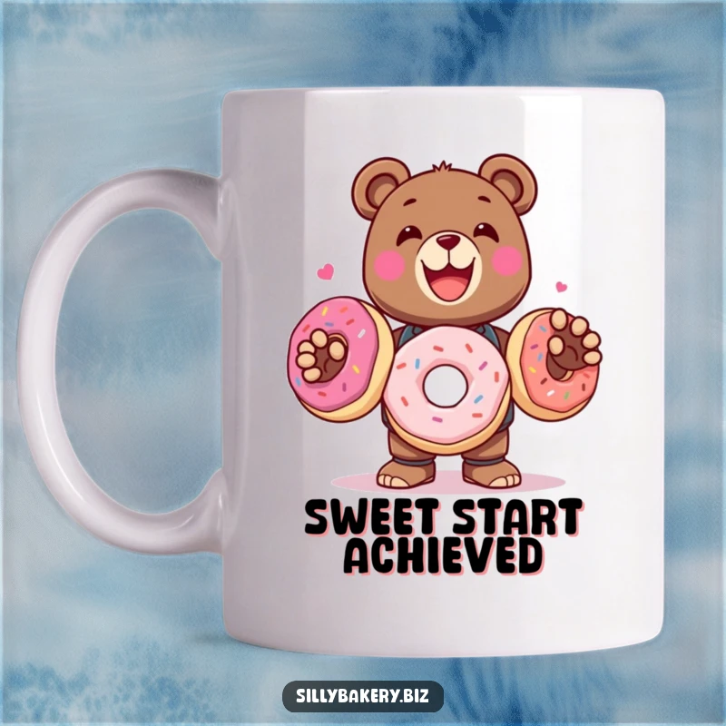 Funny Bear Bot Mug showing a delighted bot bear juggling three large, colorful donuts, a sweet and humorous design.