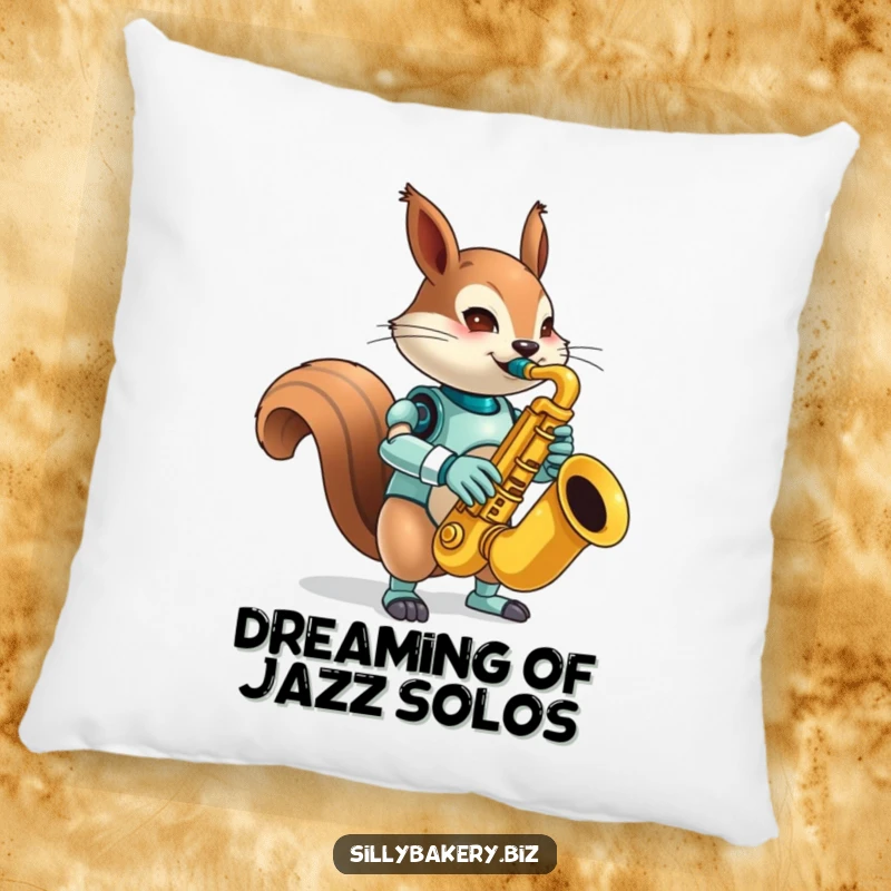 Funny squirrel bot pillow, soft and plush, featuring a mischievous bot playing a comically large toy saxophone, perfect for musical dreamers.