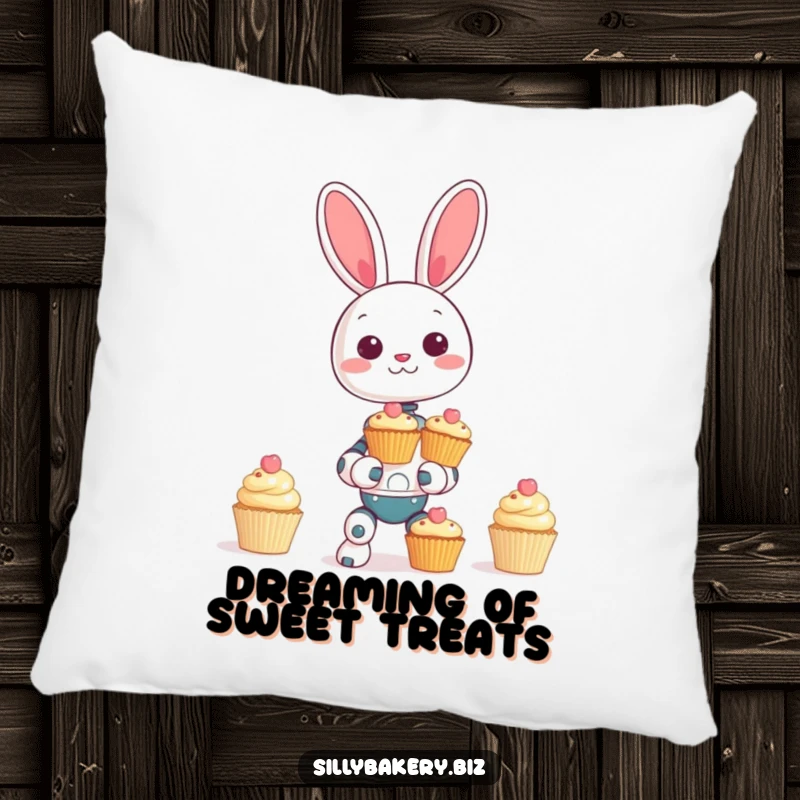 Funny bunny bot pillow, soft and cuddly, showing a giggling bot hilariously balancing a tower of tiny cupcakes, perfect for sweet dreams.
