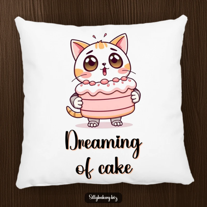Funny Pillow featuring a surprised cat bot holding a giant, wobbly cake, adding comfort and humor.