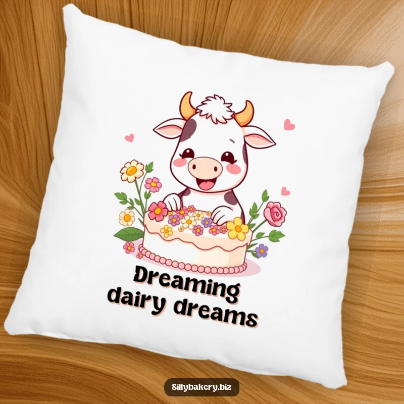 Funny cow pillow featuring a happy cartoon cow gleefully decorating a cake with edible flowers, a delightful and sweet accent.