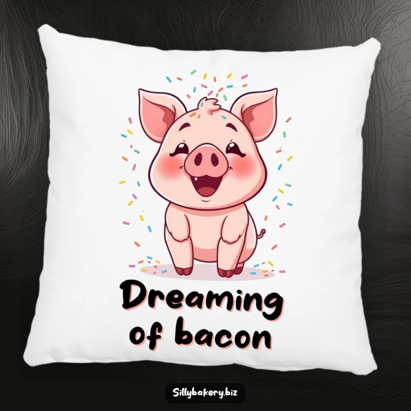 Funny pig pillow featuring a smiling cartoon pig joyfully tossing a cascade of colorful sprinkles, a delightful and sweet accent.