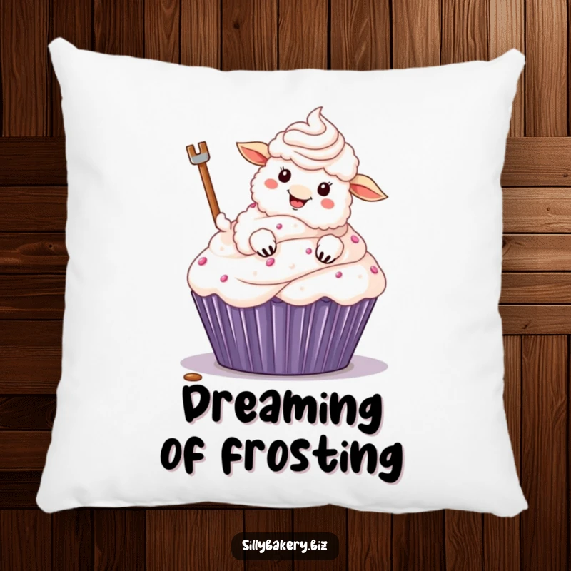 Funny sheep pillow featuring a fluffy cartoon sheep using its hoof to frost a giant cupcake, a charming and humorous baking scene.