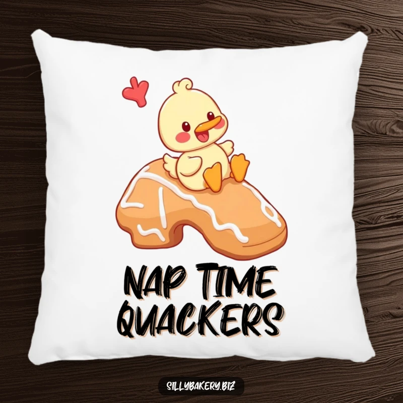 Funny duck pillow featuring a cheerful cartoon duck playfully sliding down a giant gingerbread cookie, a delightful and sweet accent.