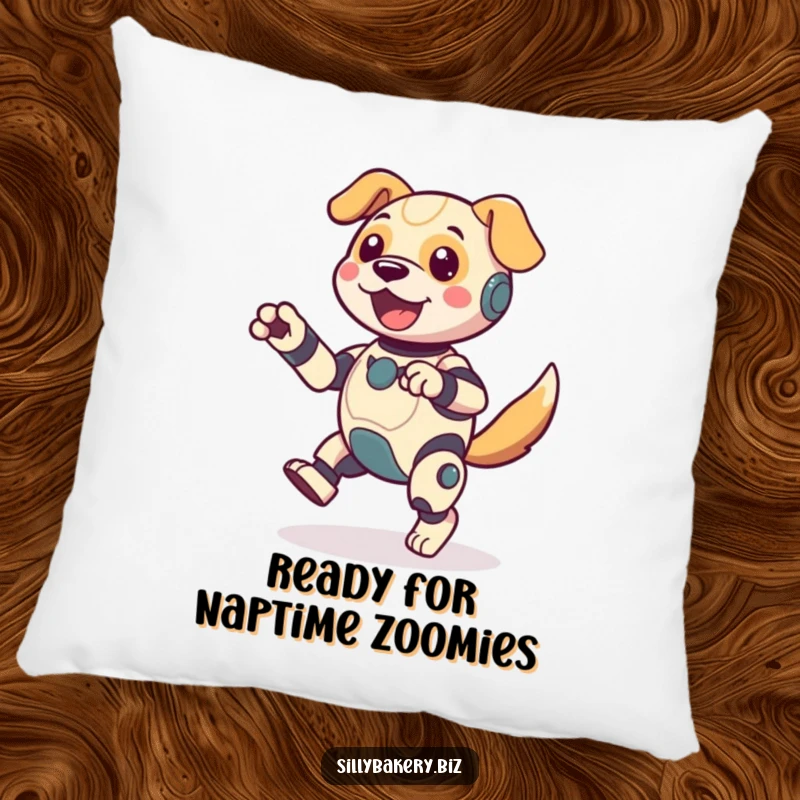 Funny dog bot pillow, plush and inviting, showing a jubilant bot doing an energetic jig with a wagging tail, perfect for naptime laughs.