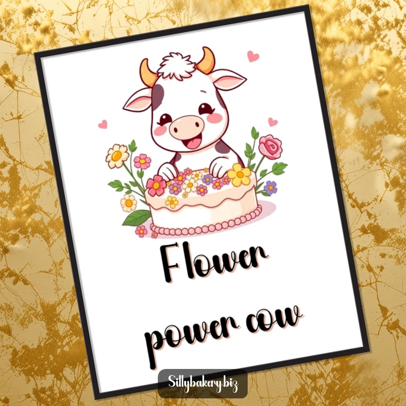 Funny cow digital art print of a happy cartoon cow gleefully decorating a cake with edible flowers, a sweet and charming scene.