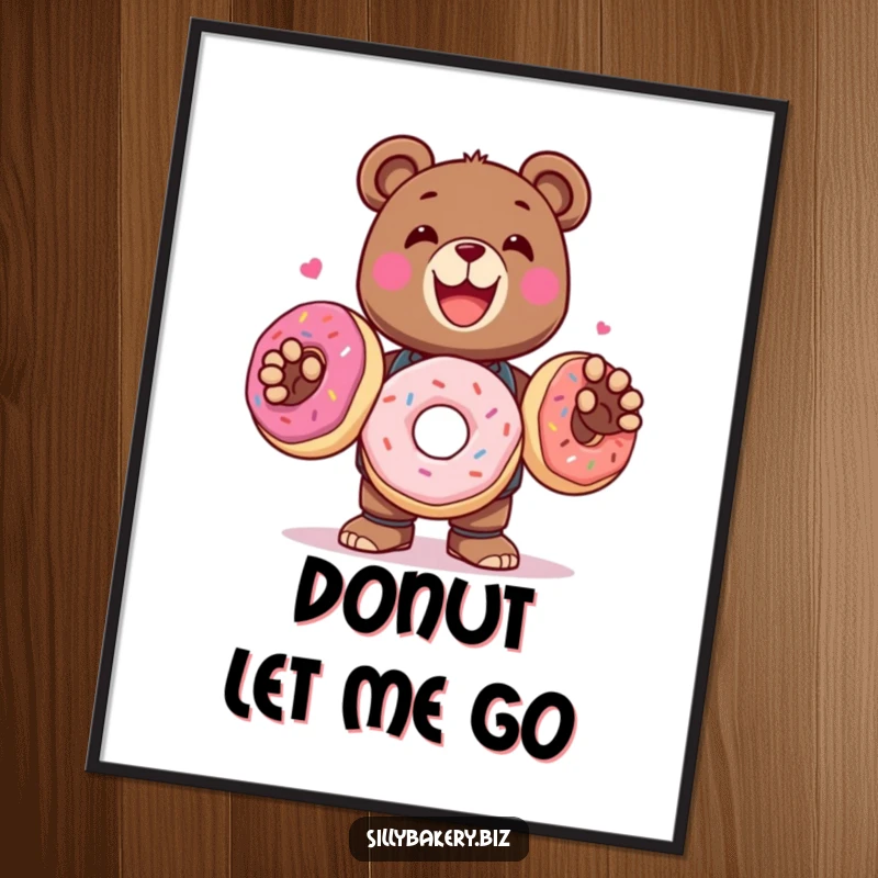 Funny Digital Art Print of a delighted bear bot juggling large, colorful donuts, downloadable sweetness.