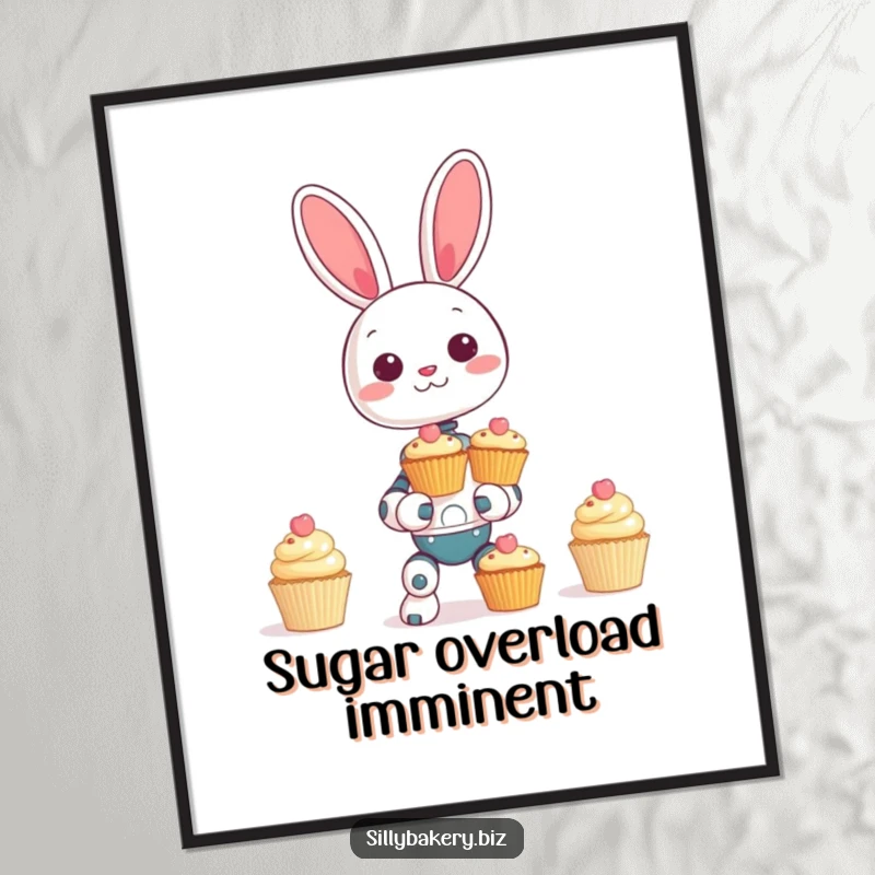 Funny bunny bot digital art print, showing a giggling robot bunny attempting to balance a tall tower of tiny decorative cupcakes, sweet bot humor.