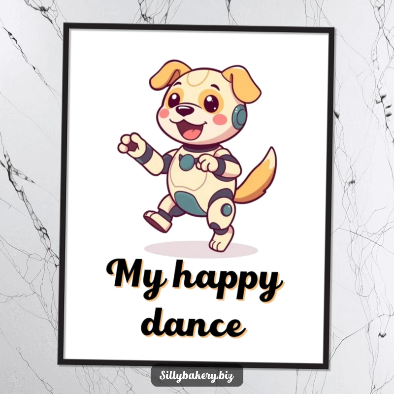Funny dog bot digital art print, depicting a jubilant bot mid-jig with a wagging tail, ready to bring instant bot-themed joy to any digital frame.