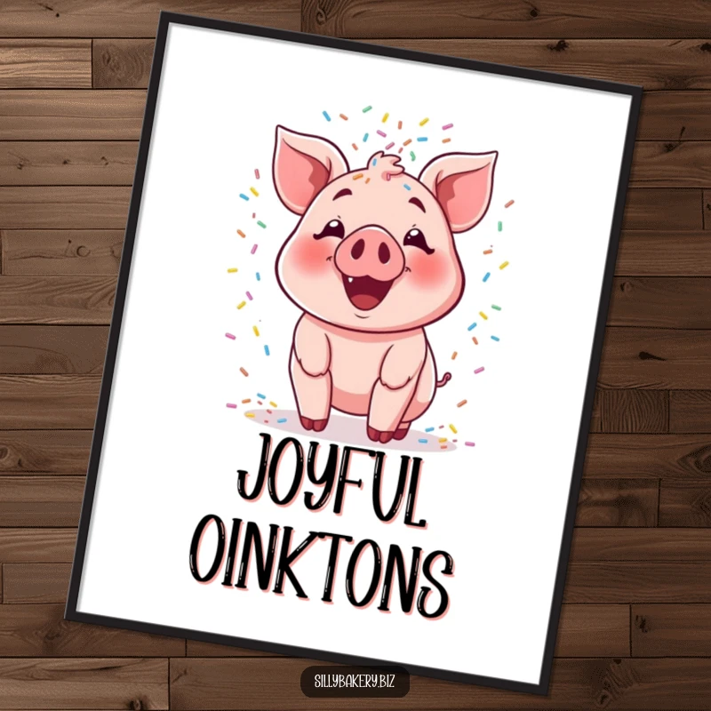 Funny pig digital art print of a smiling cartoon pig joyfully tossing a cascade of colorful sprinkles, a celebration of baking joy.