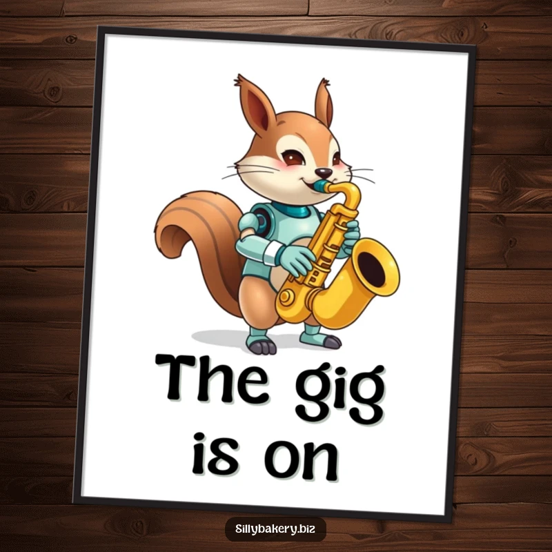 Funny squirrel bot digital art print, depicting a mischievous bot playing a comically large toy saxophone, ready to fill any space with nutty music.