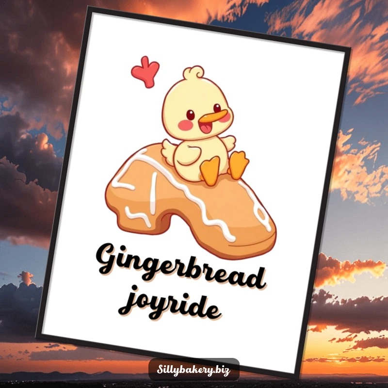 Funny duck digital art print of a cheerful cartoon duck playfully sliding down a giant gingerbread cookie, a sweet and funny scene.