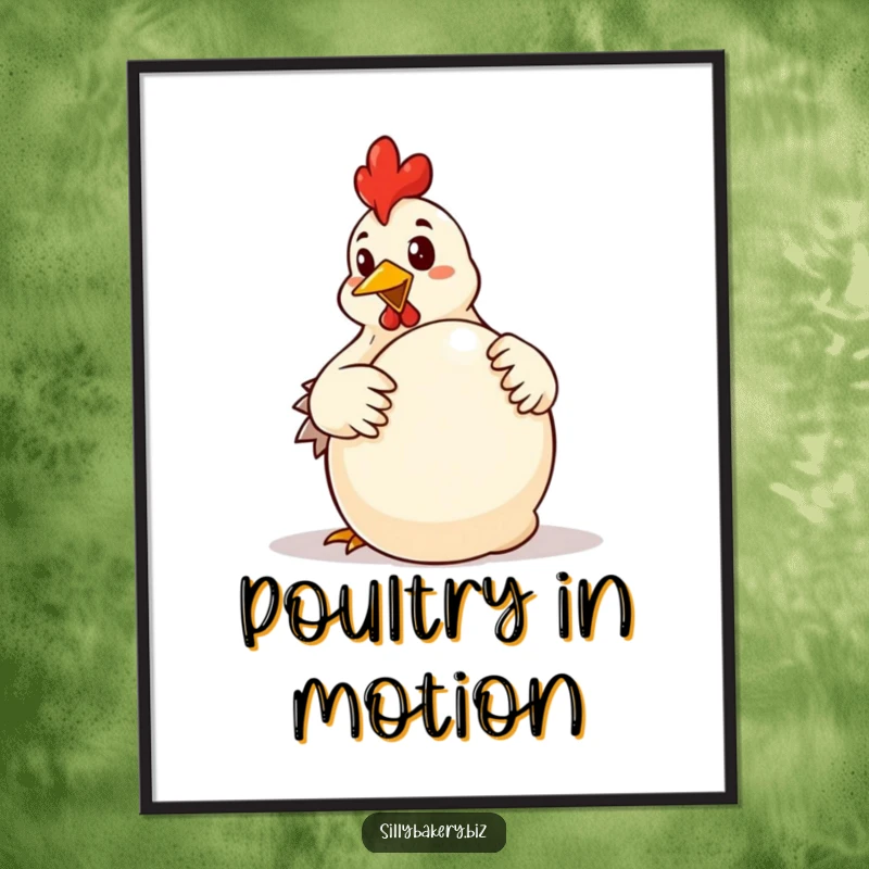 Funny chicken digital art print of a determined cartoon chicken enthusiastically kneading a large ball of dough, a humorous baking scene.