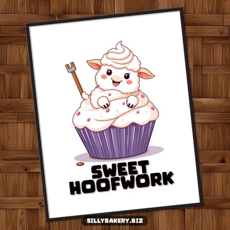 Funny sheep digital art print of a fluffy cartoon sheep excitedly frosting a giant cupcake with its hoof, a joyful baking illustration.