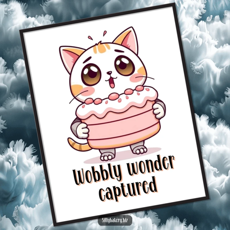 Funny Digital Art Print of a wide-eyed cat bot surprised by a giant, unstable cake, downloadable humor.