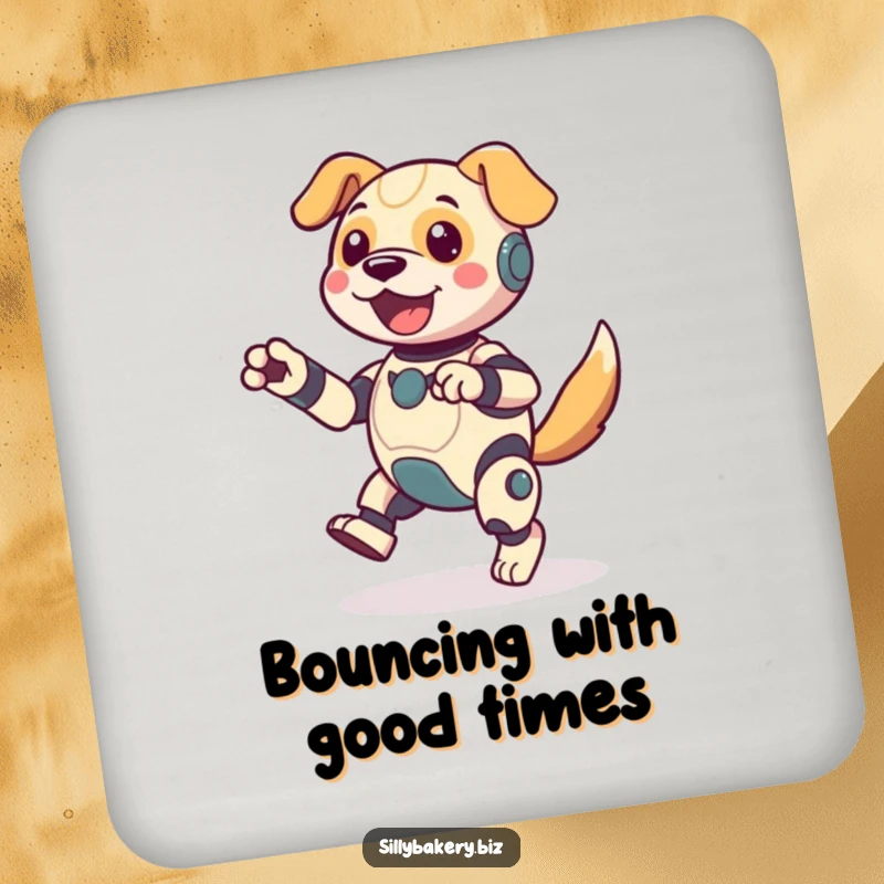Funny dog bot drink coaster, protecting surfaces with style, featuring a jubilant bot energetically jigging, adding bot-themed fun to any table.