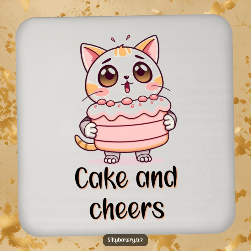 Funny Drink Coaster featuring a surprised cat bot with wide eyes, holding a giant, wobbly cake, a humorous accessory.