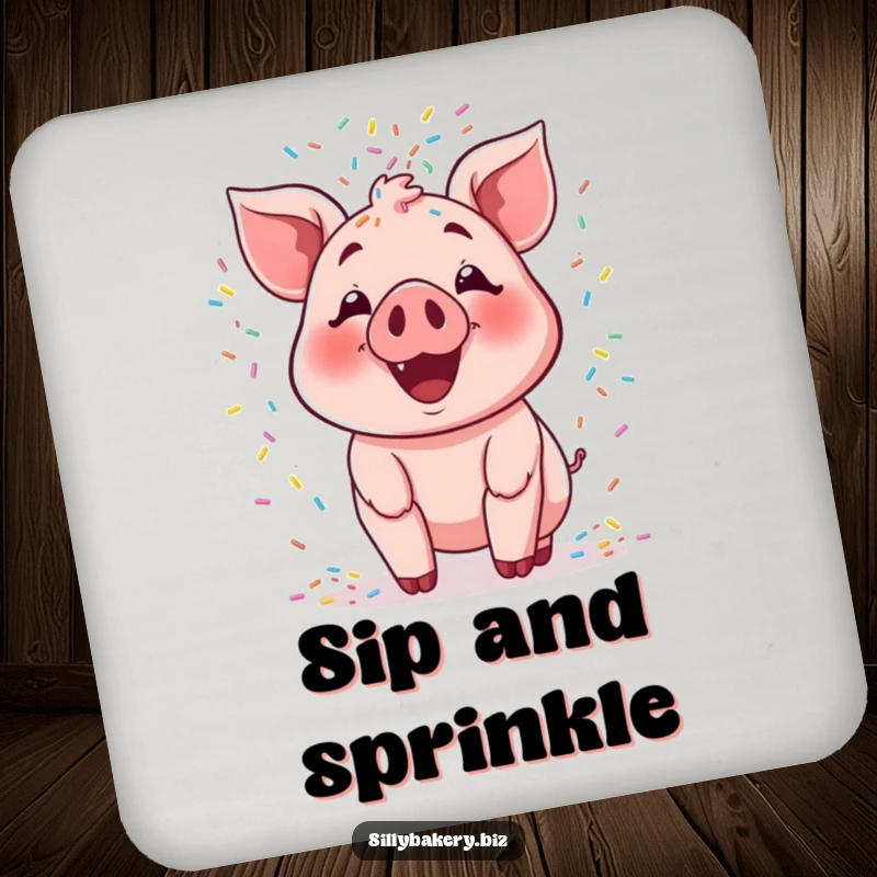 Funny pig coaster showing a smiling cartoon pig joyfully tossing a cascade of colorful sprinkles, a delightful baking accessory.
