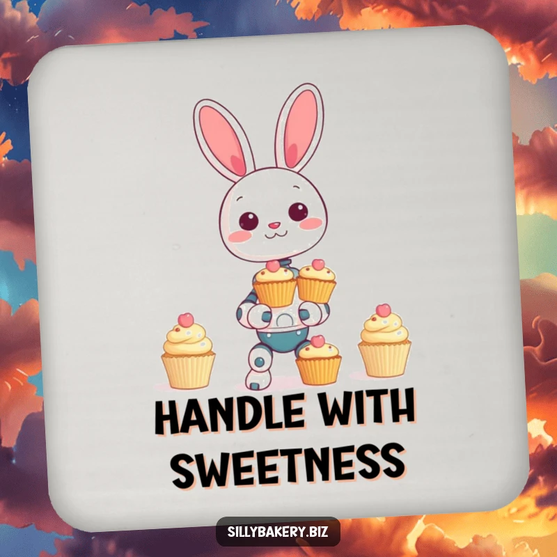 Funny bunny bot drink coaster, protecting surfaces with charm, featuring a giggling robot bunny hilariously balancing decorative cupcakes.