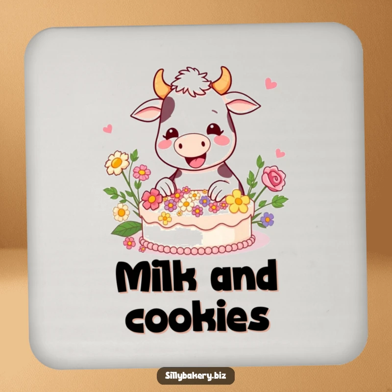 Funny cow coaster showing a happy cartoon cow gleefully decorating a cake with edible flowers, a delightful baking accessory.